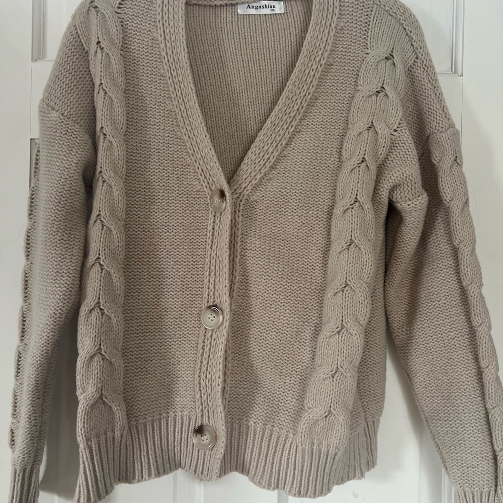 Angashion Women's Cable Knit Cardigan Sweater - Cream